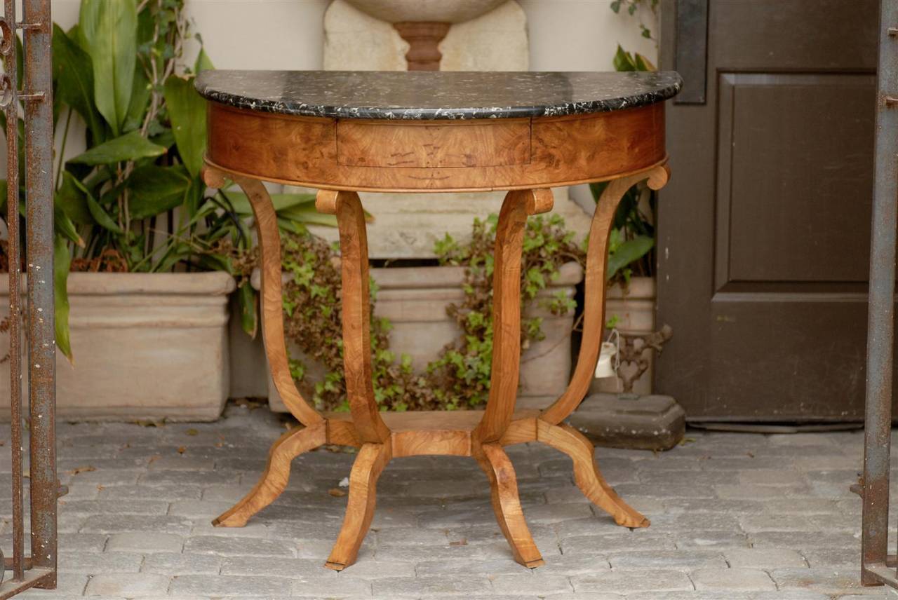 French marble-top demilune console table with lovely burr elmwood.