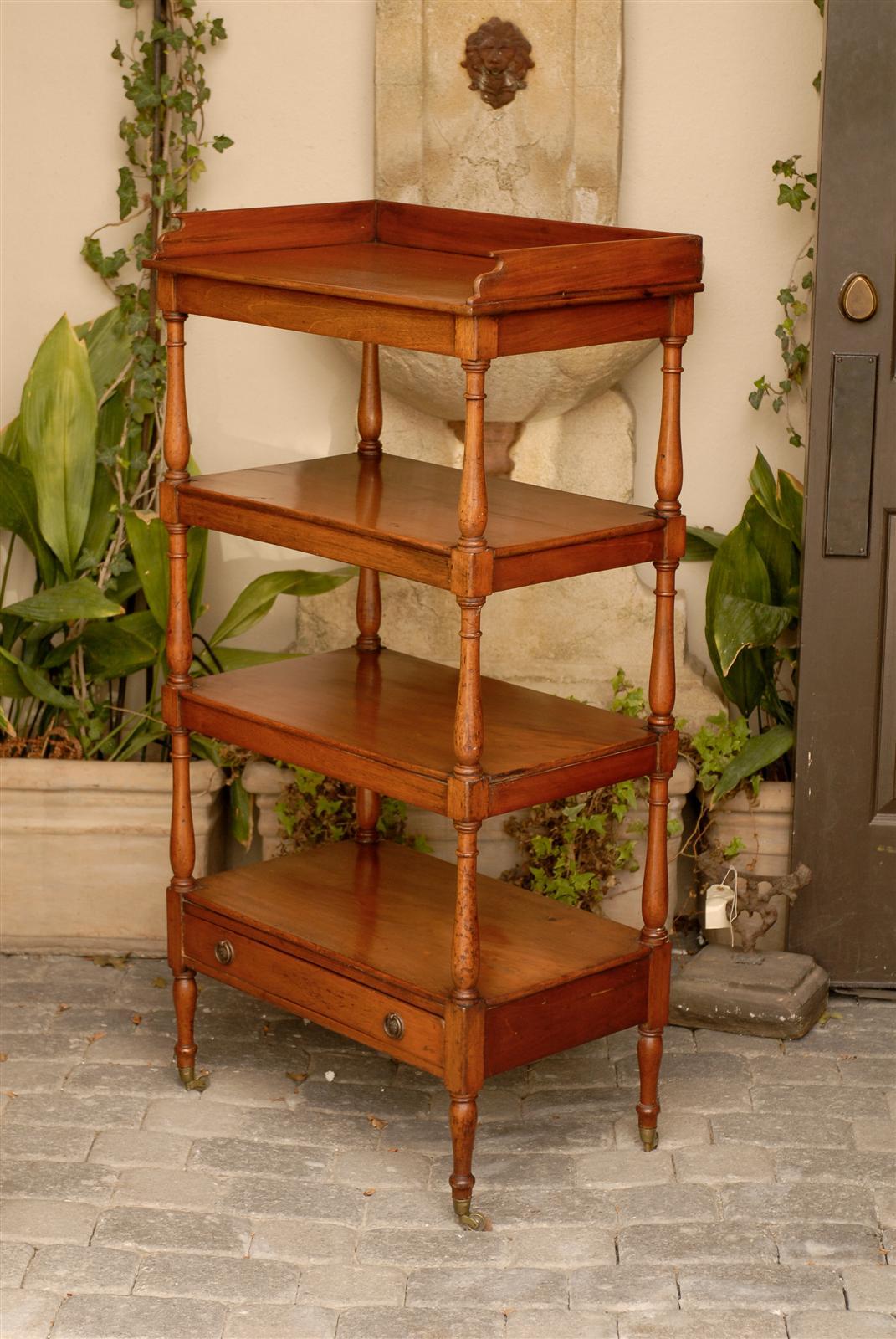 Brass English 1870s Trolley with Four Shelves, Column Supports and Single Drawer