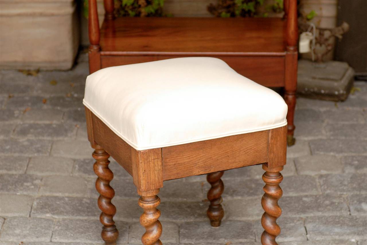 Upholstery French Wooden Barley Twist Stool with Upholstered Seat, Late 19th Century