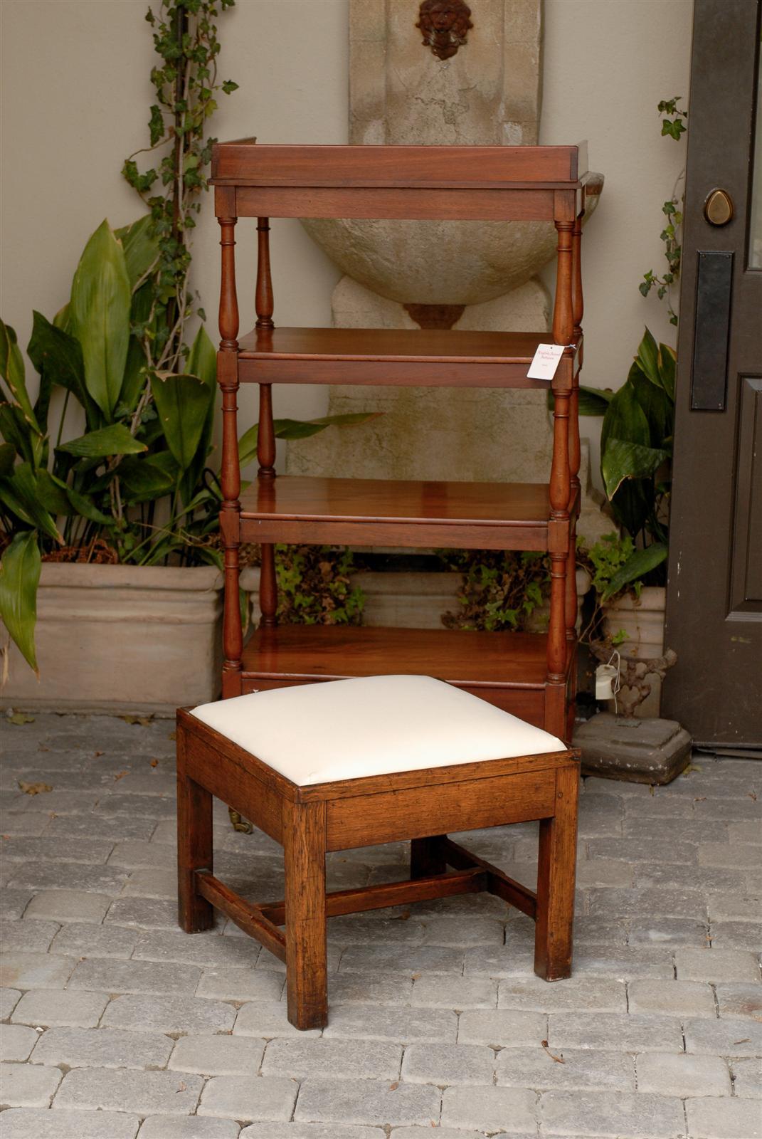 English Late 19th Century Oak Square Stool with Upholstered Seat In Good Condition In Atlanta, GA