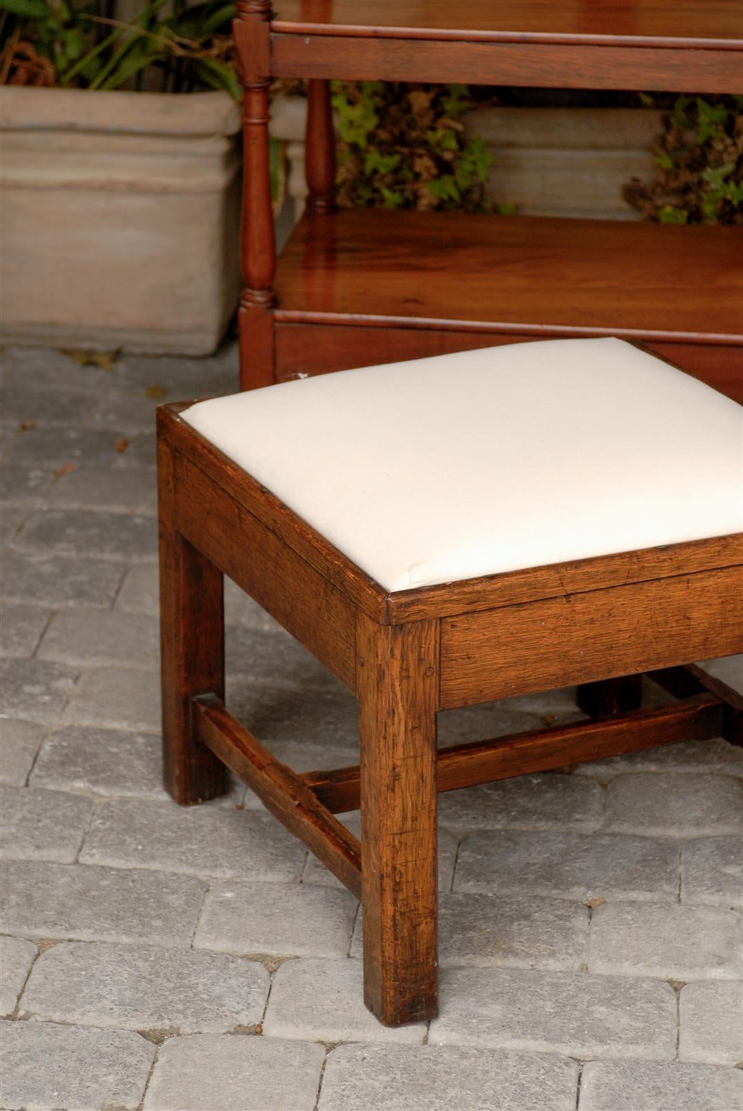 English Late 19th Century Oak Square Stool with Upholstered Seat 3