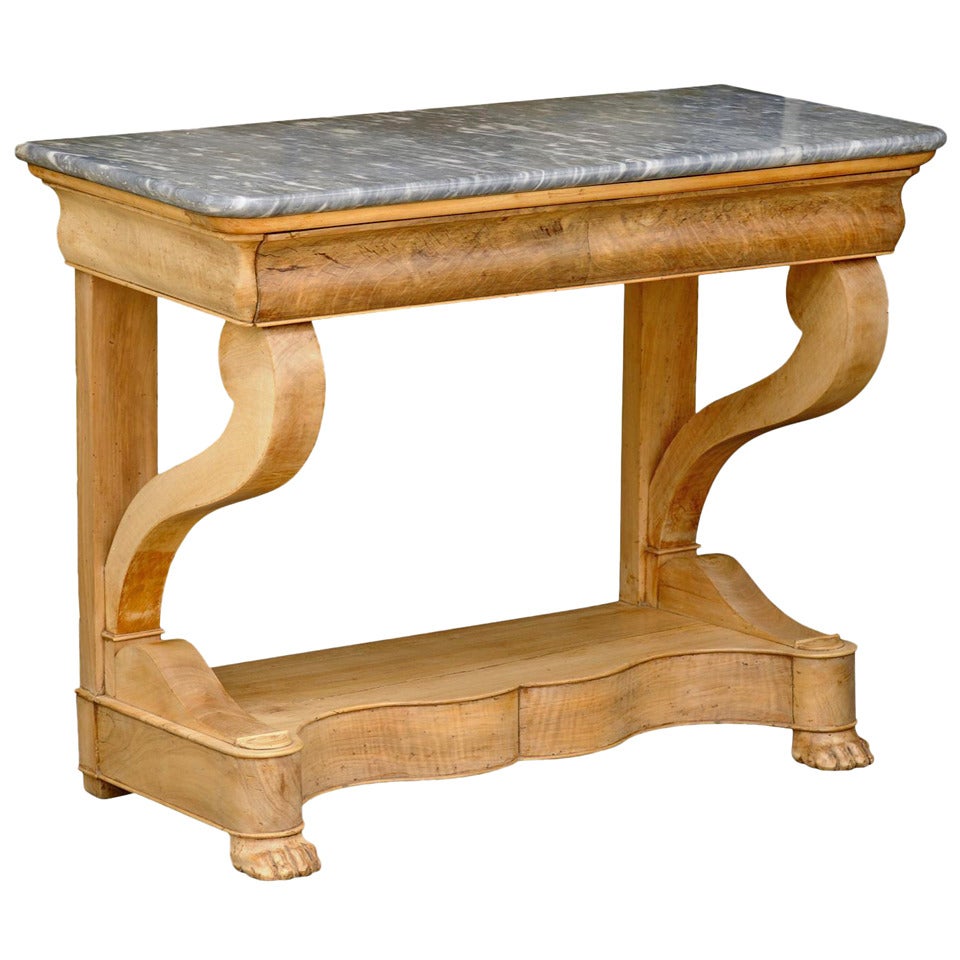 French Charles X Carved Walnut and Grey Marble-Top Console Table, circa 1830