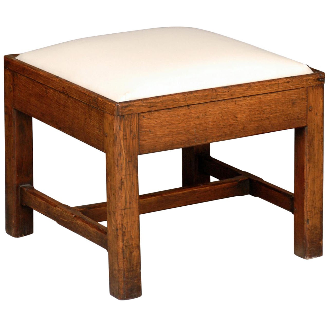 English Late 19th Century Oak Square Stool with Upholstered Seat