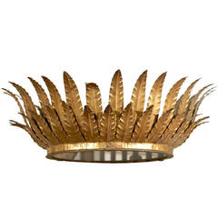 Spanish Gilt Metal Crown Chandelier with Layered Leaves and Frosted Glass Bottom