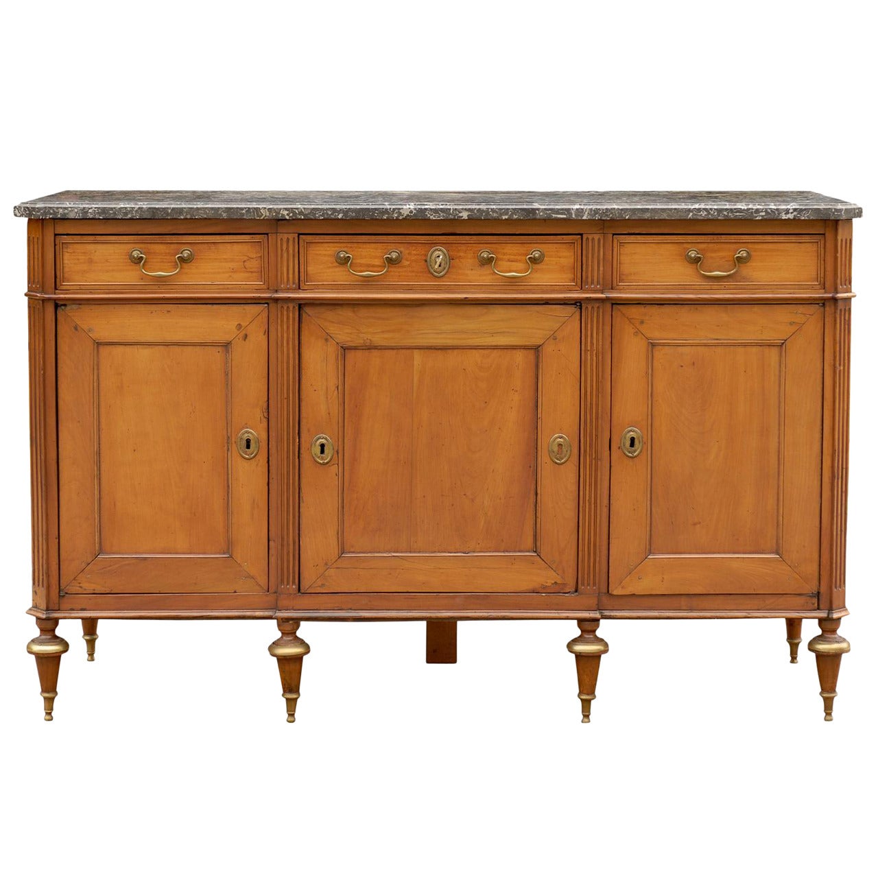 French Mid-19th Century Walnut Buffet with Marble Top, Three Drawers and Doors