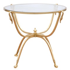 Italian Round Brass Table with Glass Top and Swan Motifs, circa 1960