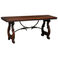 Baroque Revival Spanish Wooden Bench with Lyre-Shaped Legs and Iron Stretchers