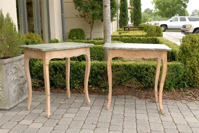 Pair of marble-top console tables, pinewood stripped with great shape. Either French or Swedish.