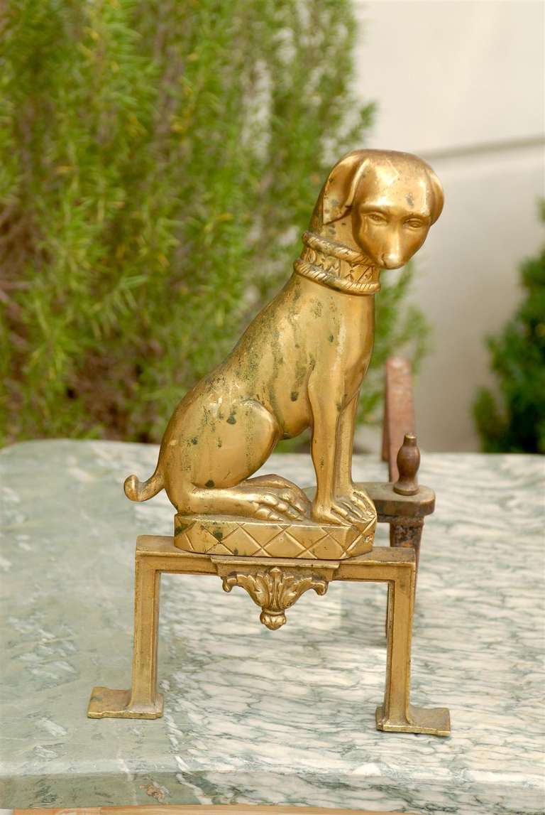 Pair of French Brass Dog Andirons from the Mid-20th Century In Good Condition In Atlanta, GA