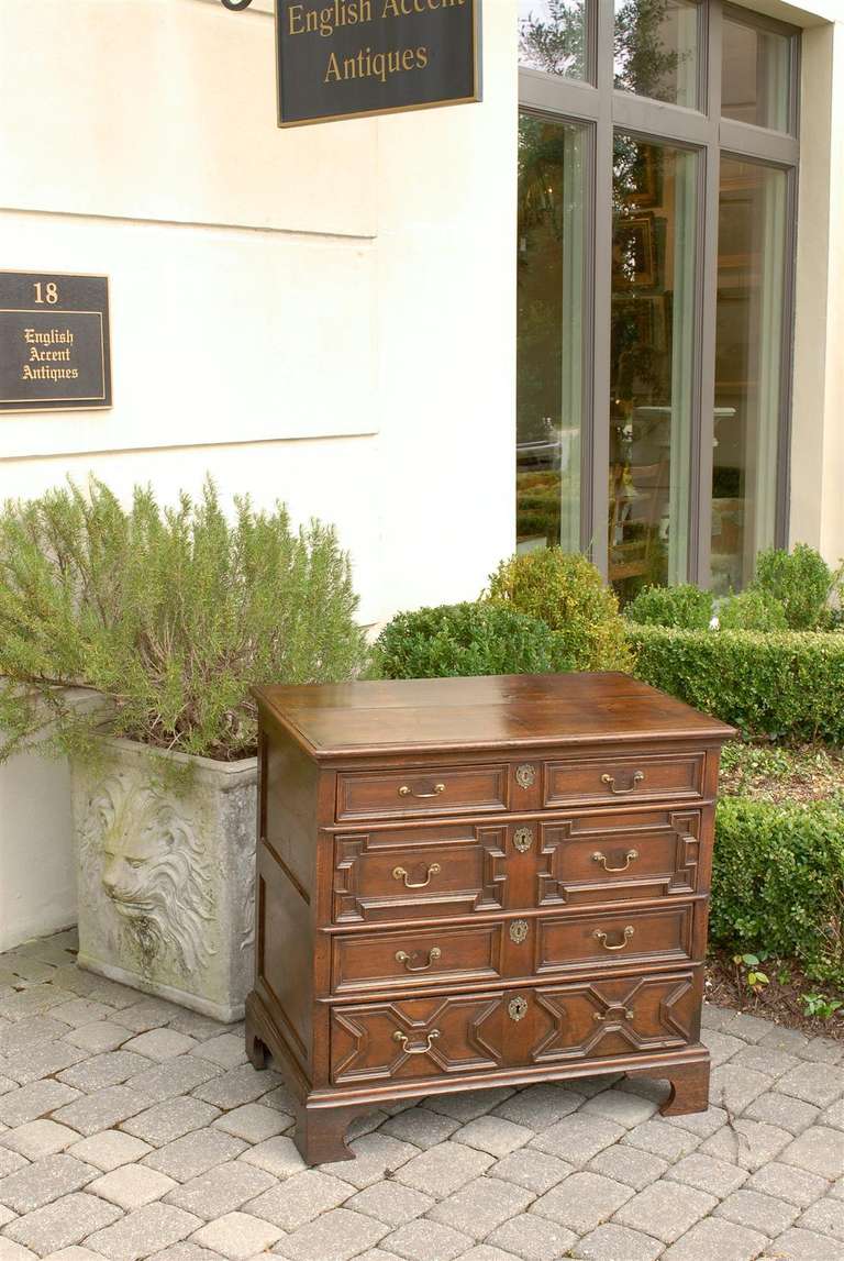Carved English Early 19th Century Oak Geometric Front Four-Drawer Chest on Bracket Feet
