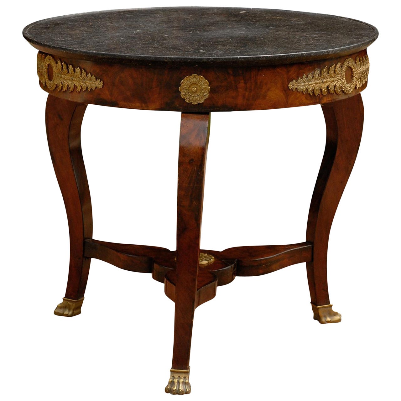 French Empire Guéridon Table with Marble Top, Cabriole Legs and Bronze Décor