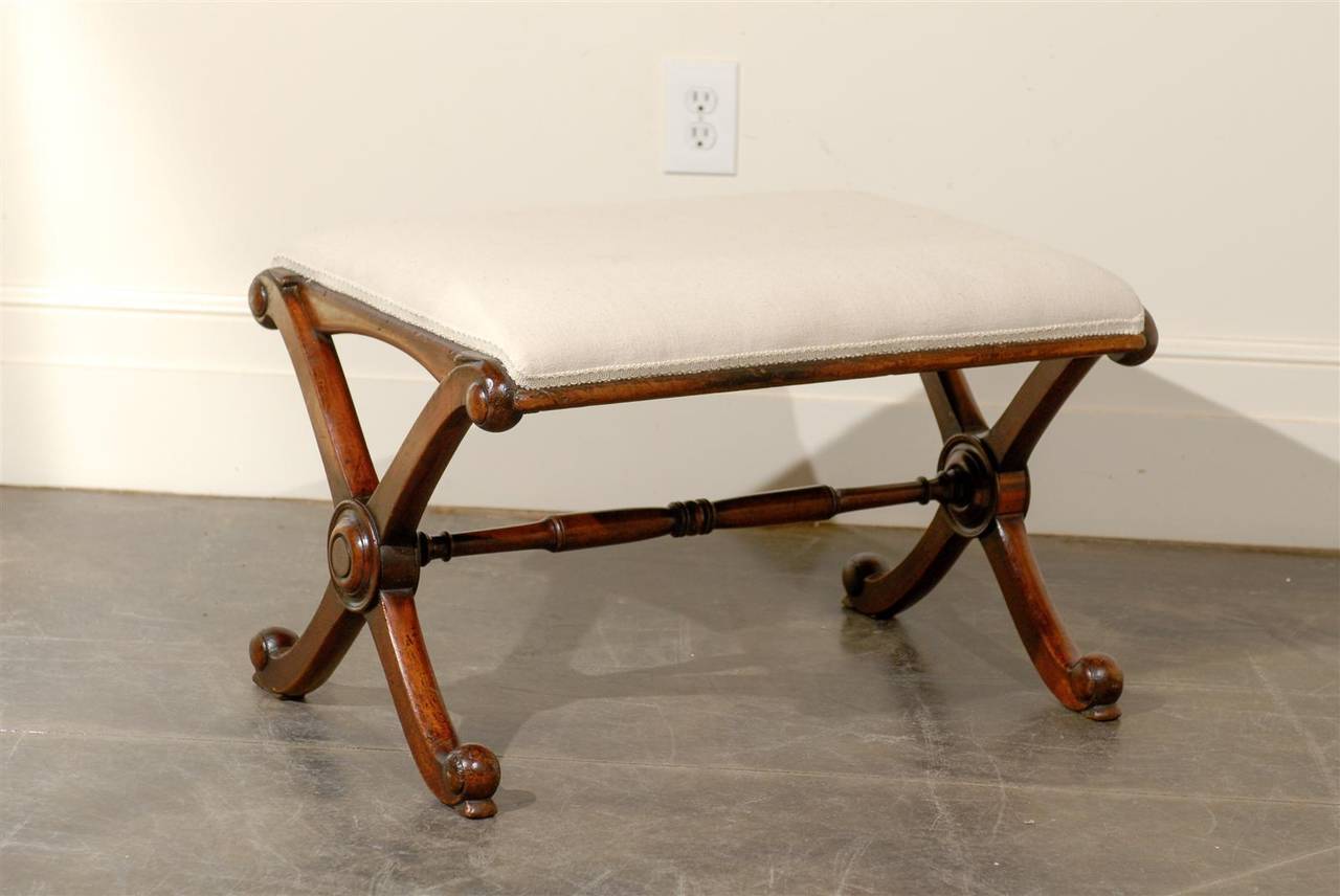 English Regency x frame stool / bench with new upholstery.
