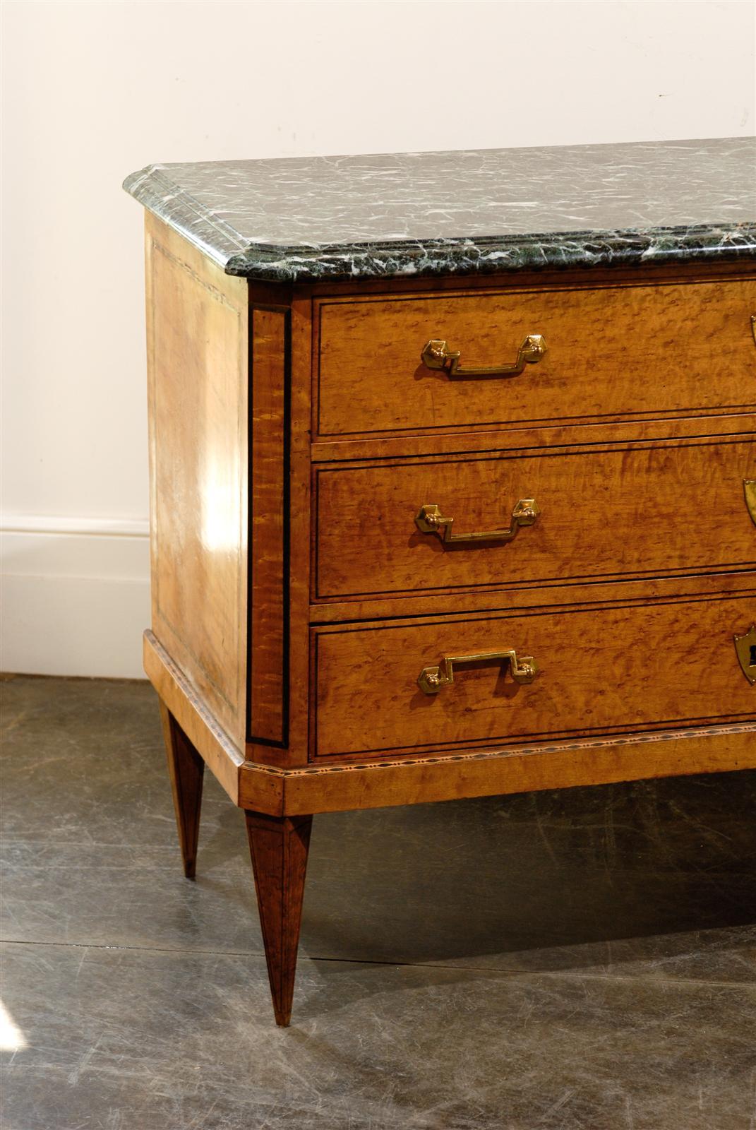 19th Century French Burl Wood 1810s Louis XVI Style Three-Drawer Commode with Marble Top
