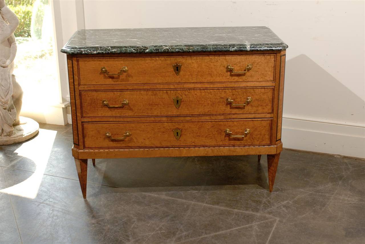 French Burl Wood 1810s Louis XVI Style Three-Drawer Commode with Marble Top 4