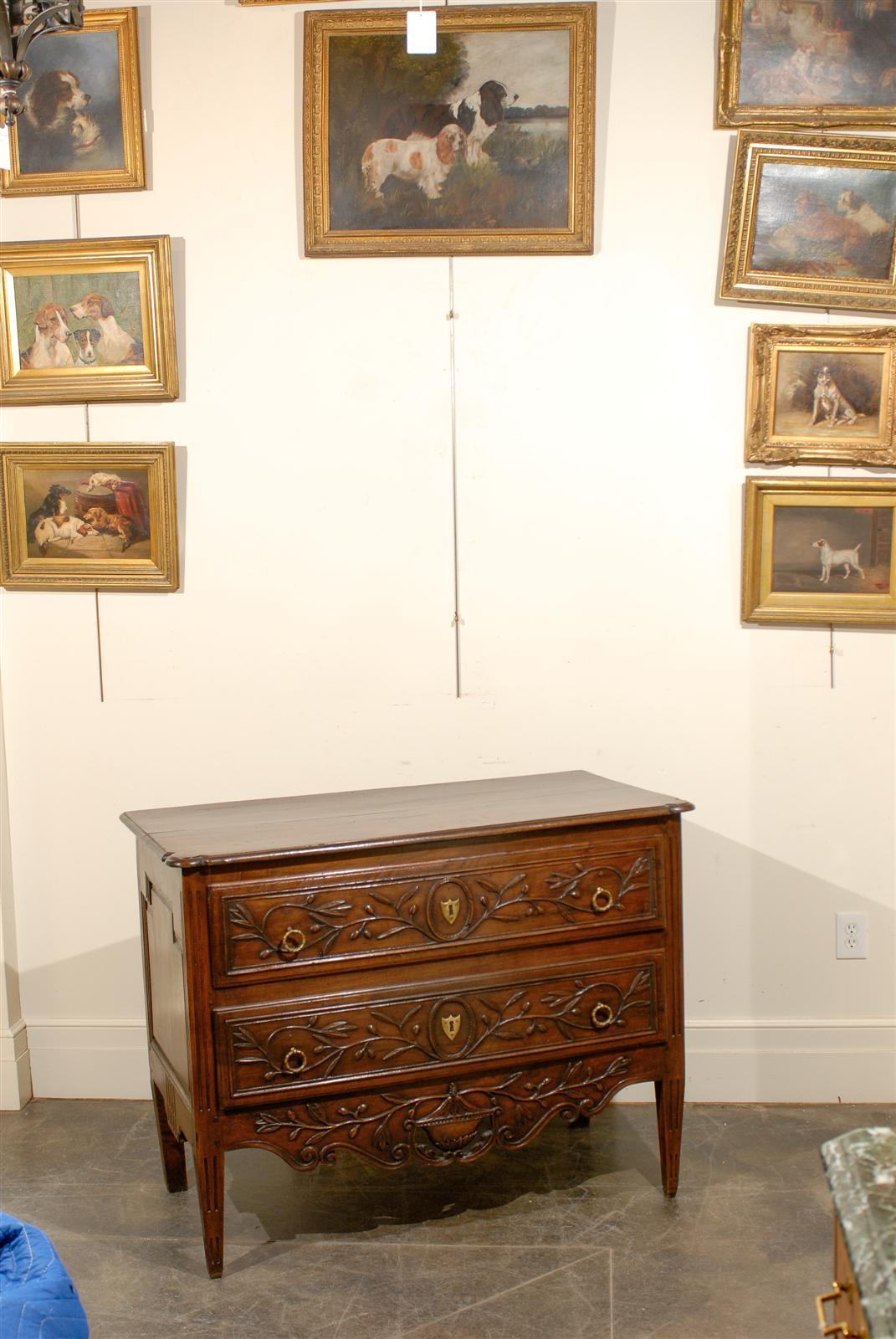 French Early 19th Century Two-Drawer Commode with Foliage Décor and Tapered Legs In Good Condition In Atlanta, GA