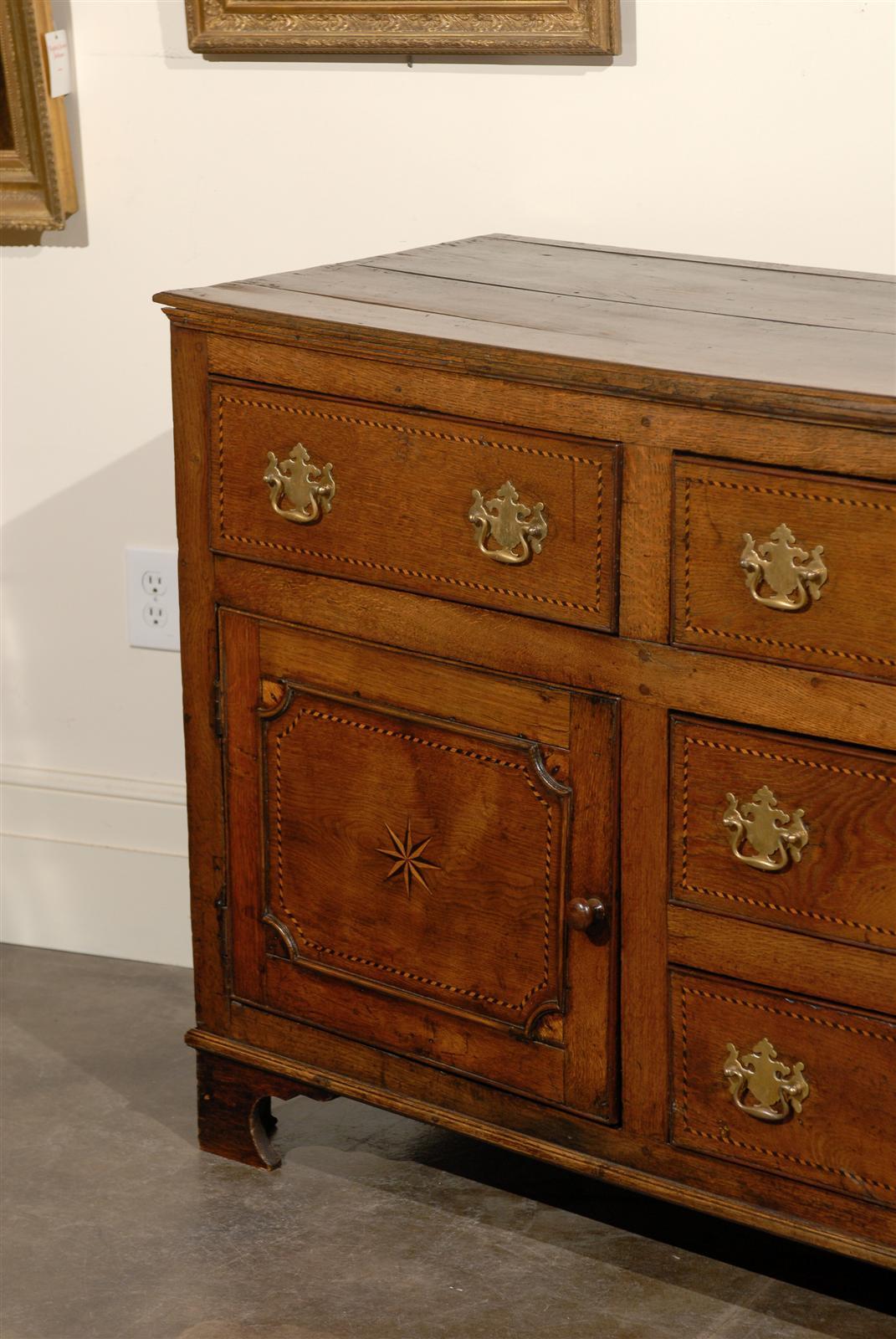 Inlay 1780s English George III Period Oak Server with Inlaid Decor, Doors and Drawers