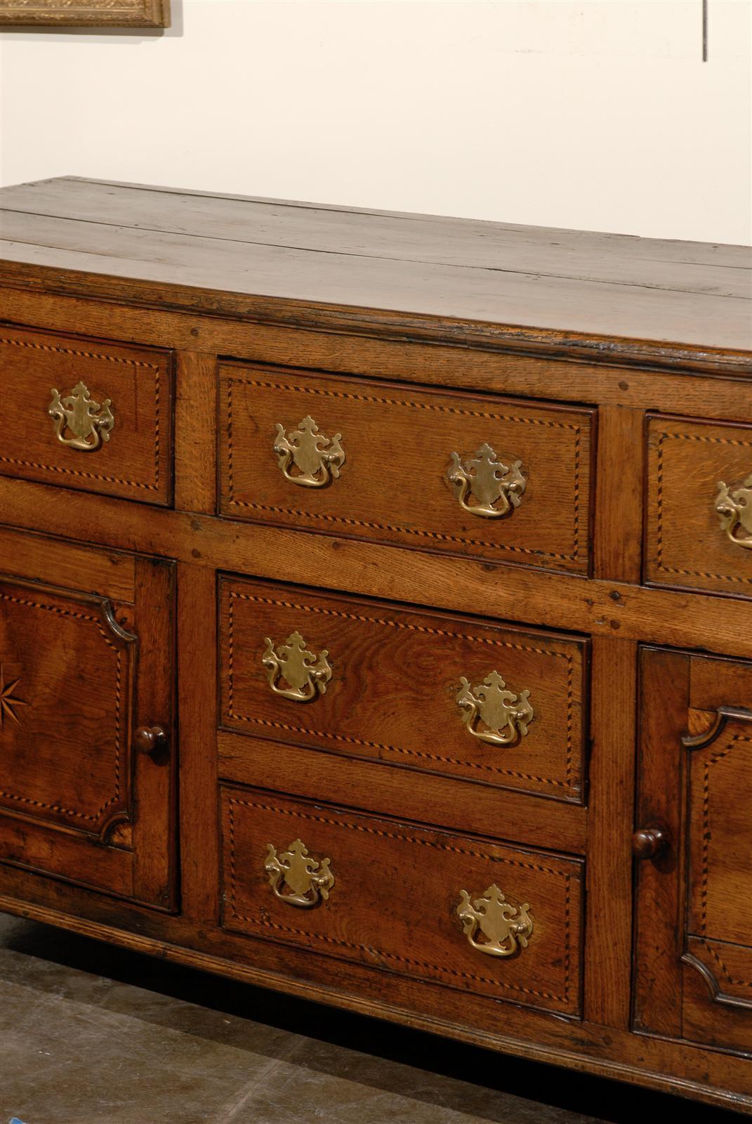 18th Century 1780s English George III Period Oak Server with Inlaid Decor, Doors and Drawers