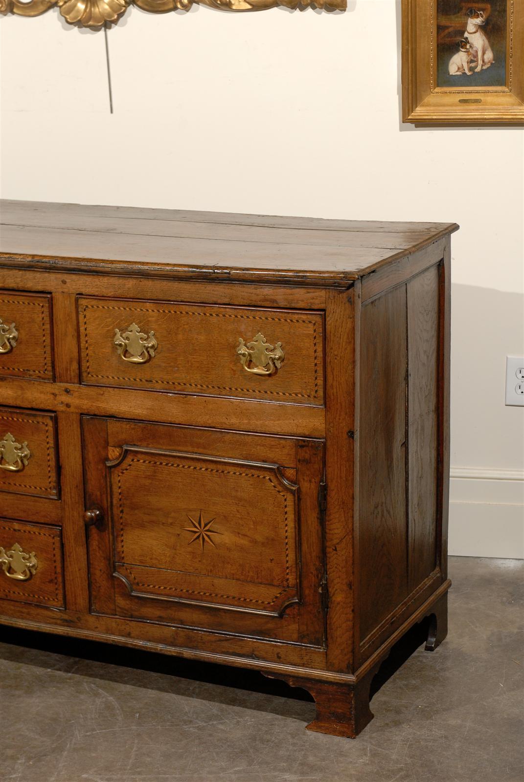 1780s English George III Period Oak Server with Inlaid Decor, Doors and Drawers 2