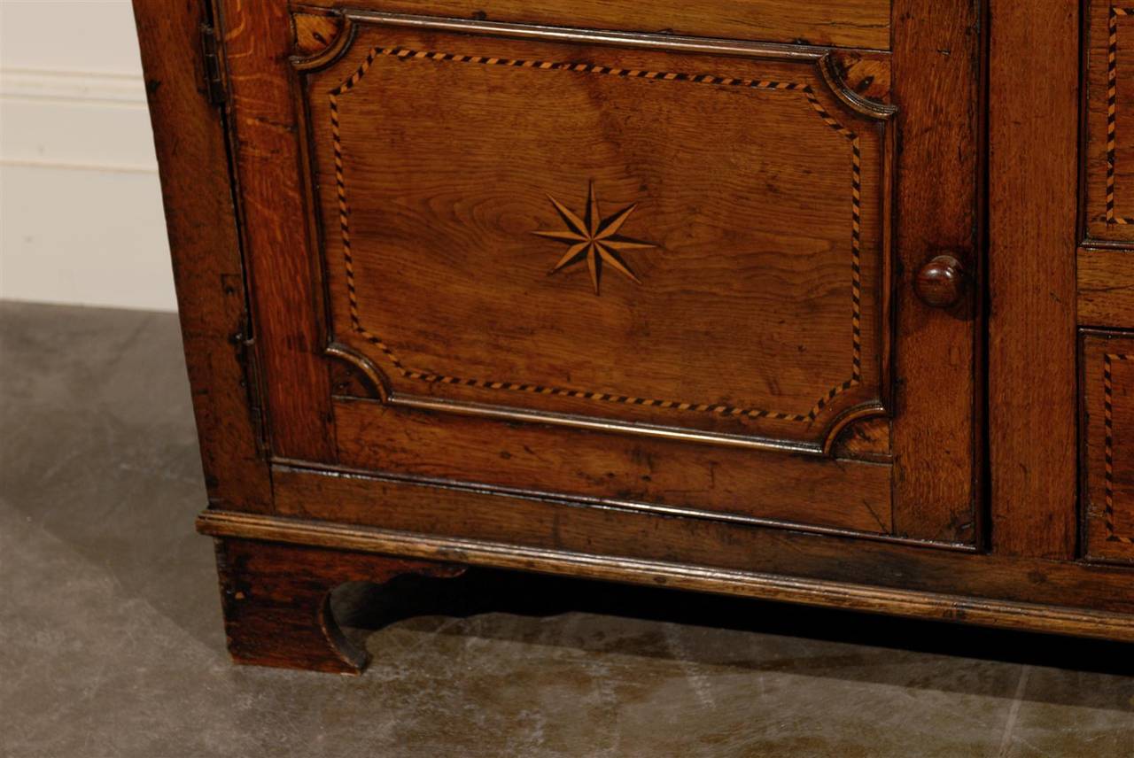 1780s English George III Period Oak Server with Inlaid Decor, Doors and Drawers 1
