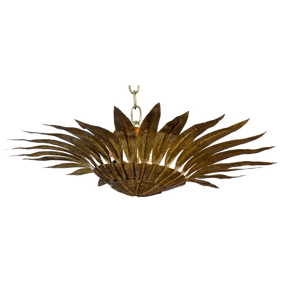 Spanish Semi-Flush Gilt Metal Sunburst Light Fixture with Carved Pointing Leaves