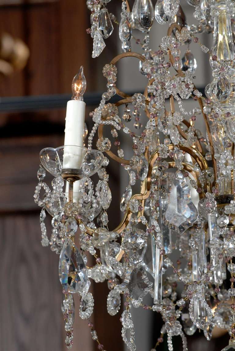 20th Century French Six-Light Crystal Chandelier with Amethyst Colored Beads, circa 1930 For Sale