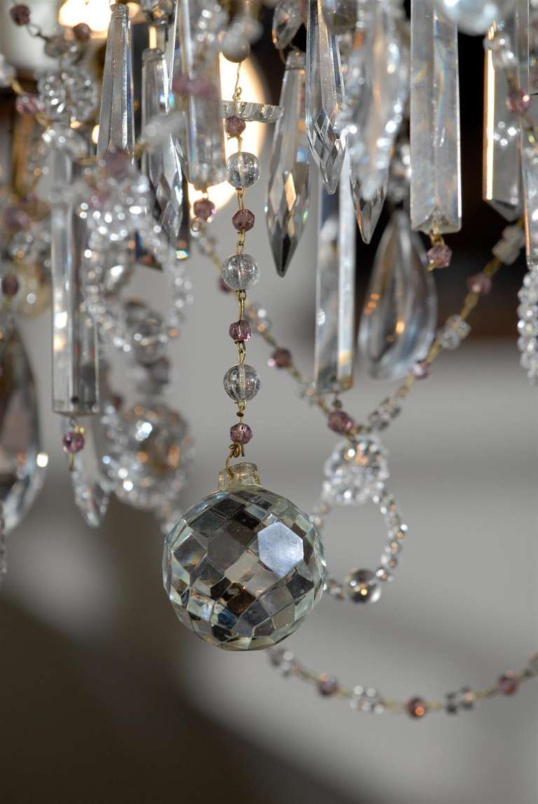 French Six-Light Crystal Chandelier with Amethyst Colored Beads, circa 1930 For Sale 5