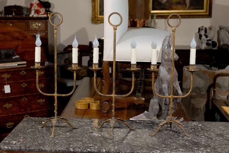 Three Gilt Iron Spanish Two-Arm Candelabra on Tripod Bases with Vegetal Décor In Good Condition In Atlanta, GA