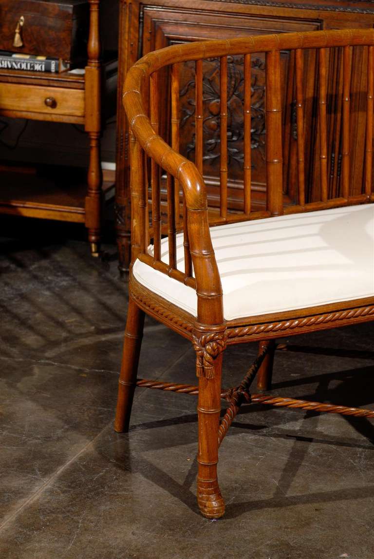 French Faux Bamboo Wood Tub-Shaped Back Settee with Upholstered Seat, circa 1930 1