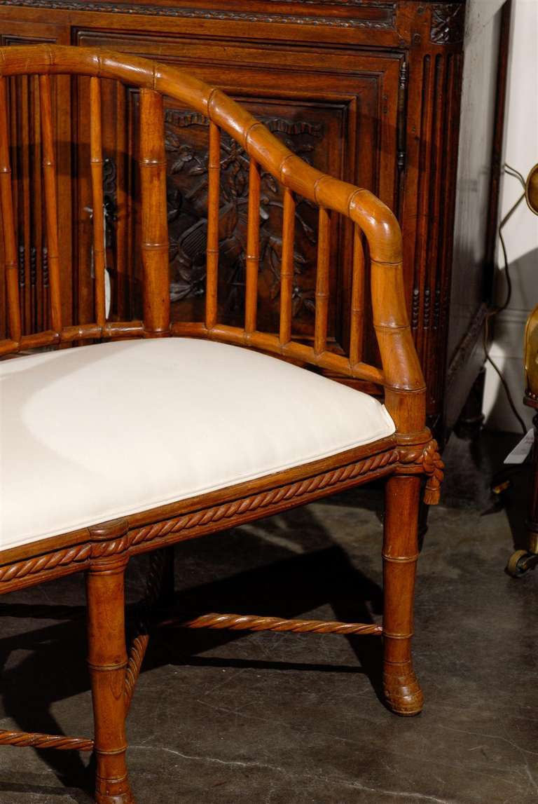 French Faux Bamboo Wood Tub-Shaped Back Settee with Upholstered Seat, circa 1930 2