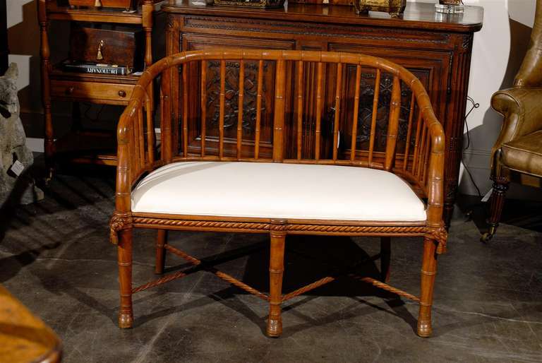 Upholstery French Faux Bamboo Wood Tub-Shaped Back Settee with Upholstered Seat, circa 1930