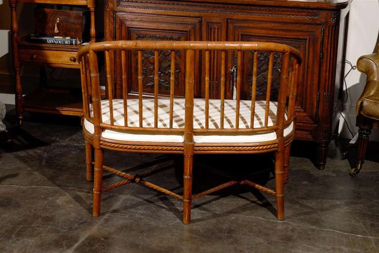 20th Century French Faux Bamboo Wood Tub-Shaped Back Settee with Upholstered Seat, circa 1930