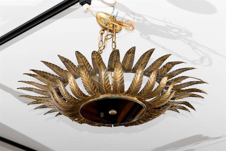 Spanish Gilt Metal Light Fixture with Two-Tiered Crown of Carved Pointed Leaves In Good Condition In Atlanta, GA
