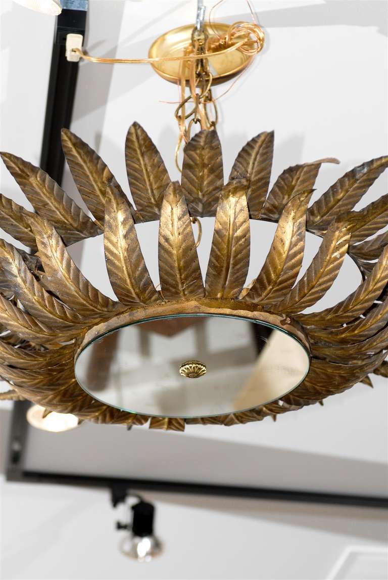 20th Century Spanish Gilt Metal Light Fixture with Two-Tiered Crown of Carved Pointed Leaves
