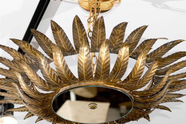 Spanish Gilt Metal Light Fixture with Two-Tiered Crown of Carved Pointed Leaves 3