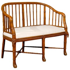 French Faux Bamboo Wood Tub-Shaped Back Settee with Upholstered Seat, circa 1930