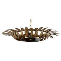 Spanish Gilt Metal Light Fixture with Two-Tiered Crown of Carved Pointed Leaves