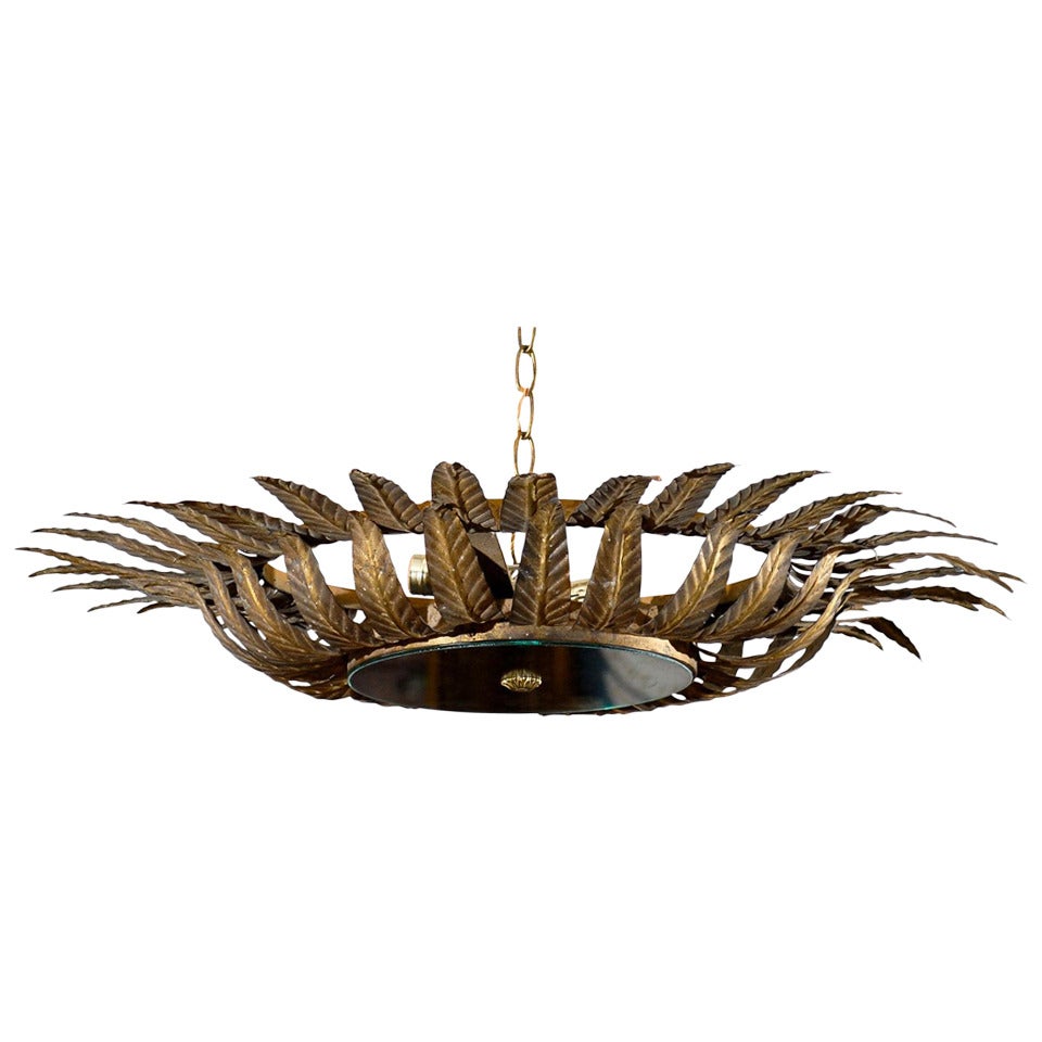 Spanish Gilt Metal Light Fixture with Two-Tiered Crown of Carved Pointed Leaves