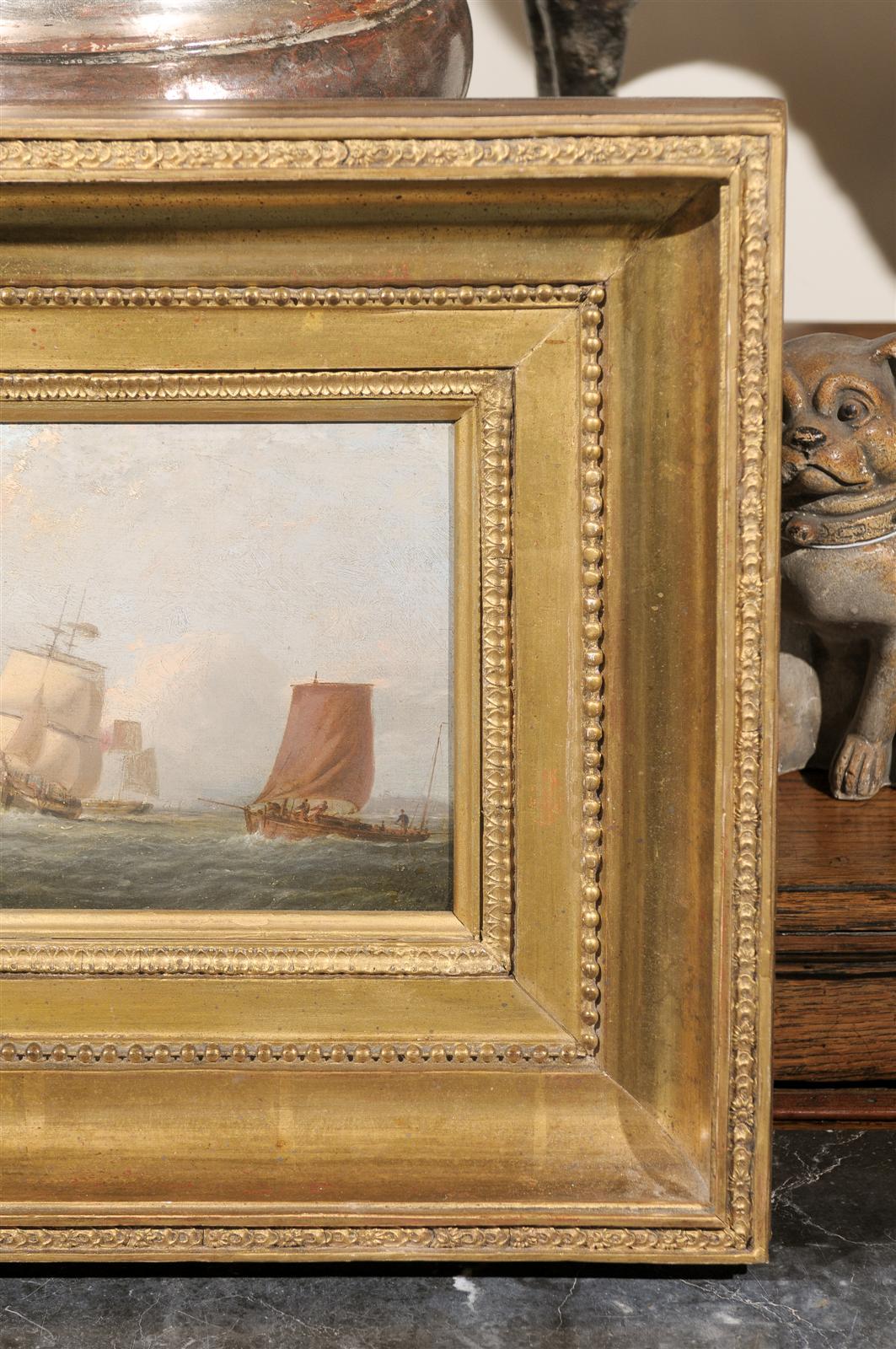 English 1850s Oil Painting on Board Depicting Ships at Sea Signed John Swift In Good Condition In Atlanta, GA