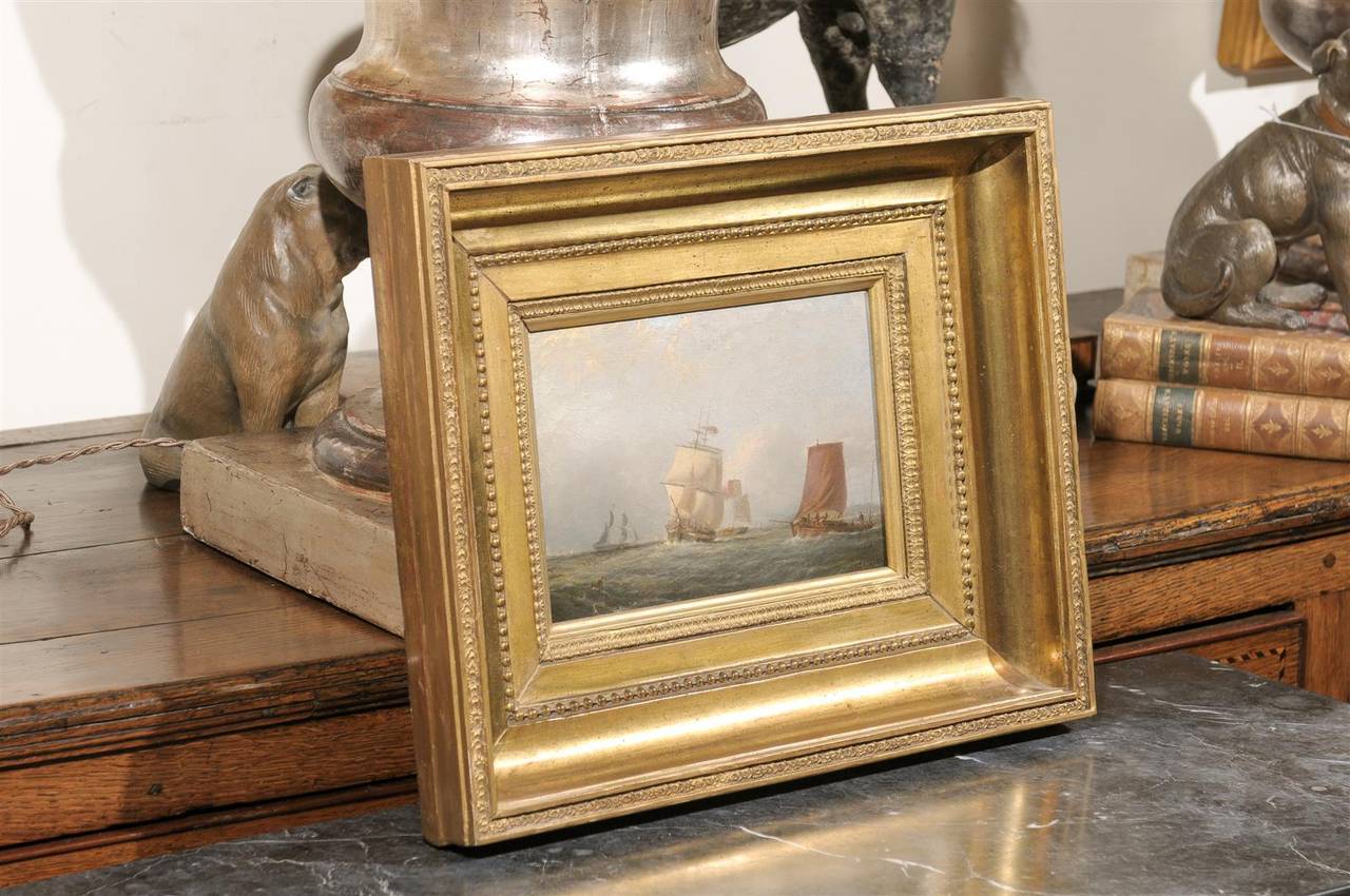 19th Century English 1850s Oil Painting on Board Depicting Ships at Sea Signed John Swift