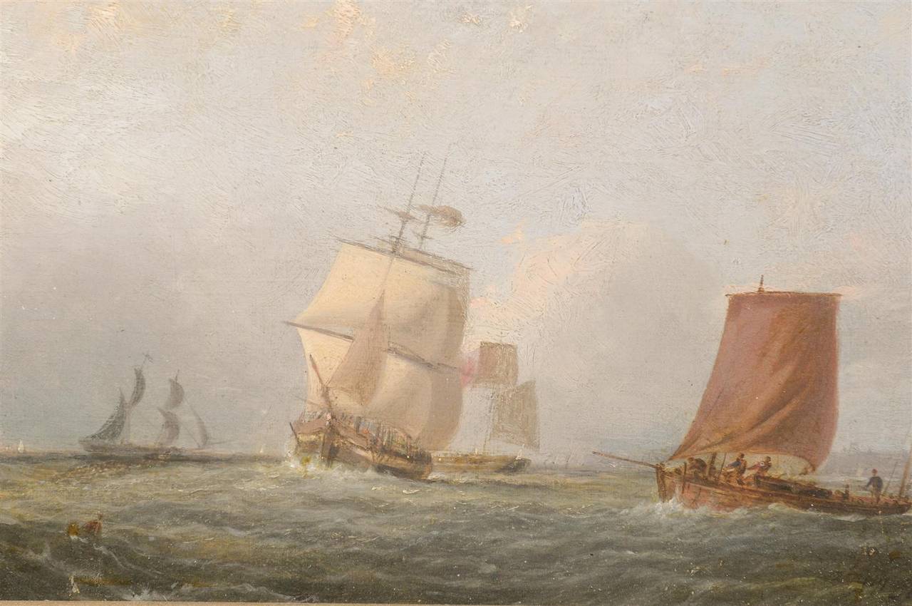 Wood English 1850s Oil Painting on Board Depicting Ships at Sea Signed John Swift