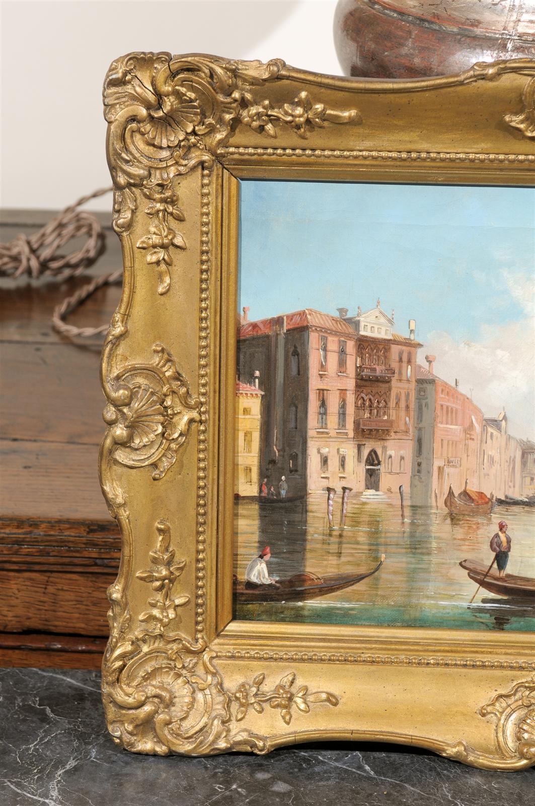 Italiano Dipinto italiano a olio su tela di Venezia, 1830 circa, con cornice originale in legno dorato in vendita