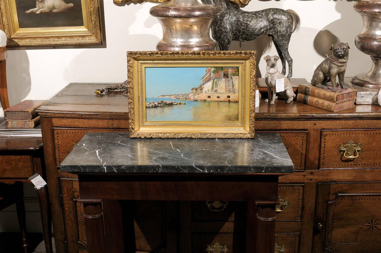 European 19th Century Continental Coastal Scene Oil Painting on Wood in Giltwood Frame For Sale
