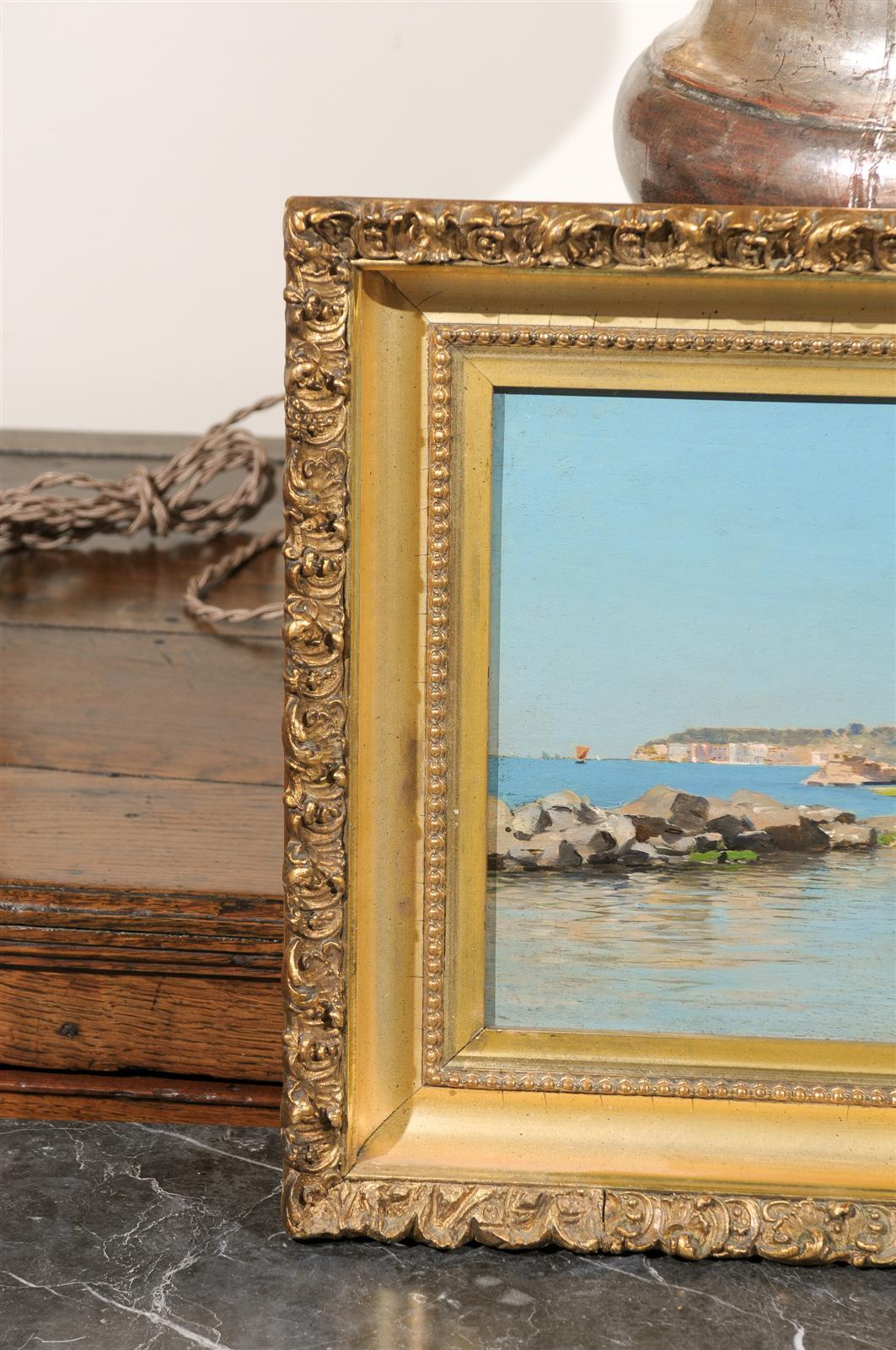 19th Century Continental Coastal Scene Oil Painting on Wood in Giltwood Frame For Sale 4