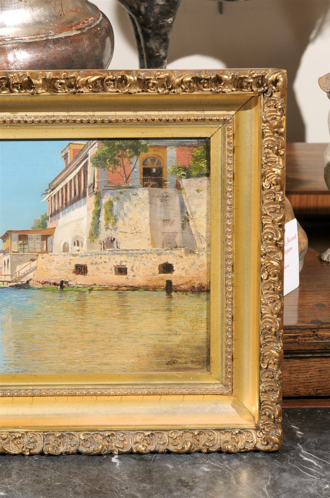 19th Century Continental Coastal Scene Oil Painting on Wood in Giltwood Frame For Sale 3