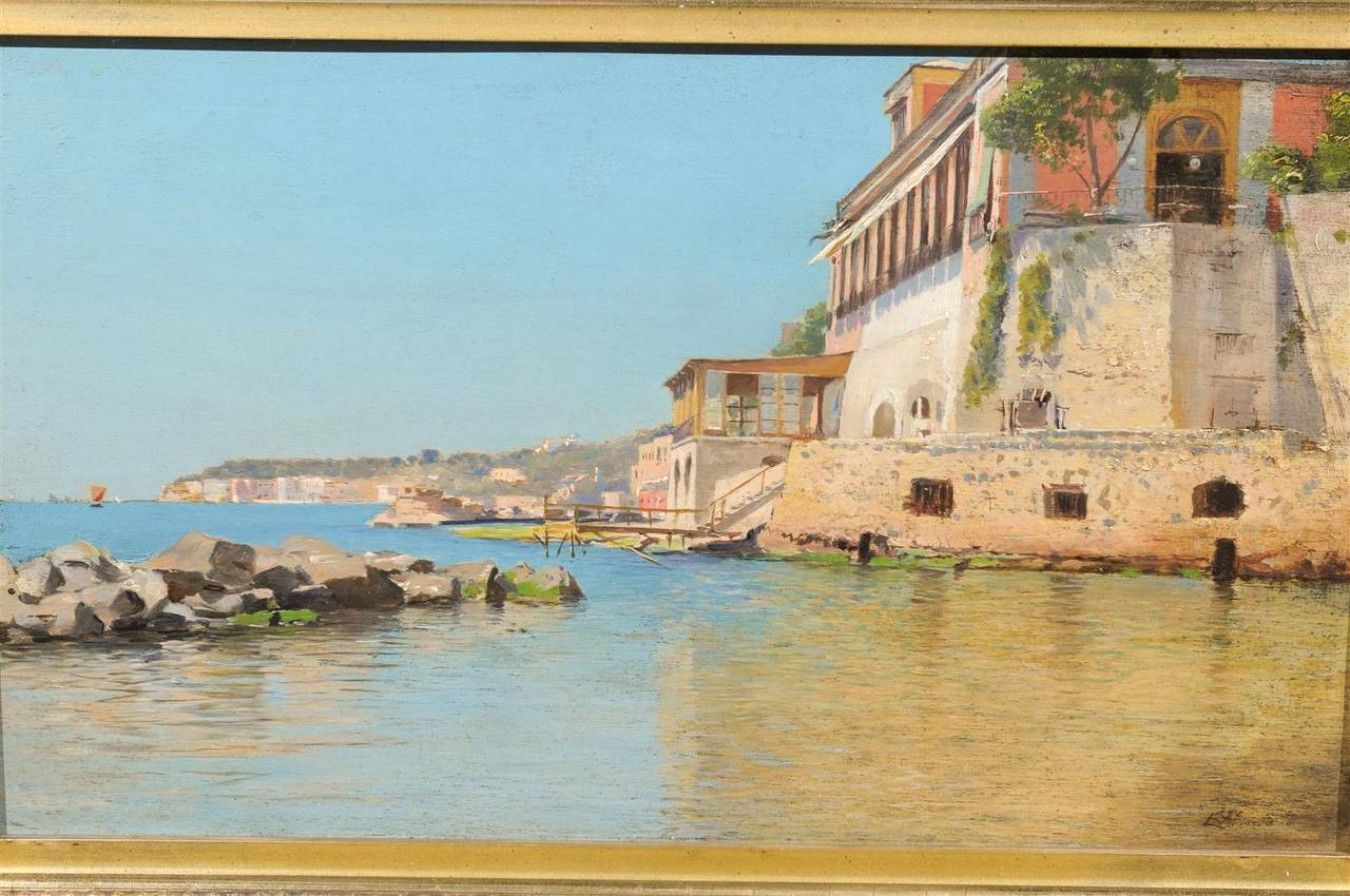 19th Century Continental Coastal Scene Oil Painting on Wood in Giltwood Frame For Sale 1