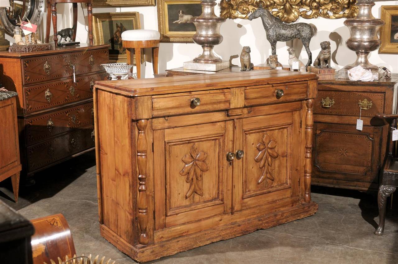 Unknown Pine Buffet from the Mid-19th Century with Two Drawers over Two Carved Doors