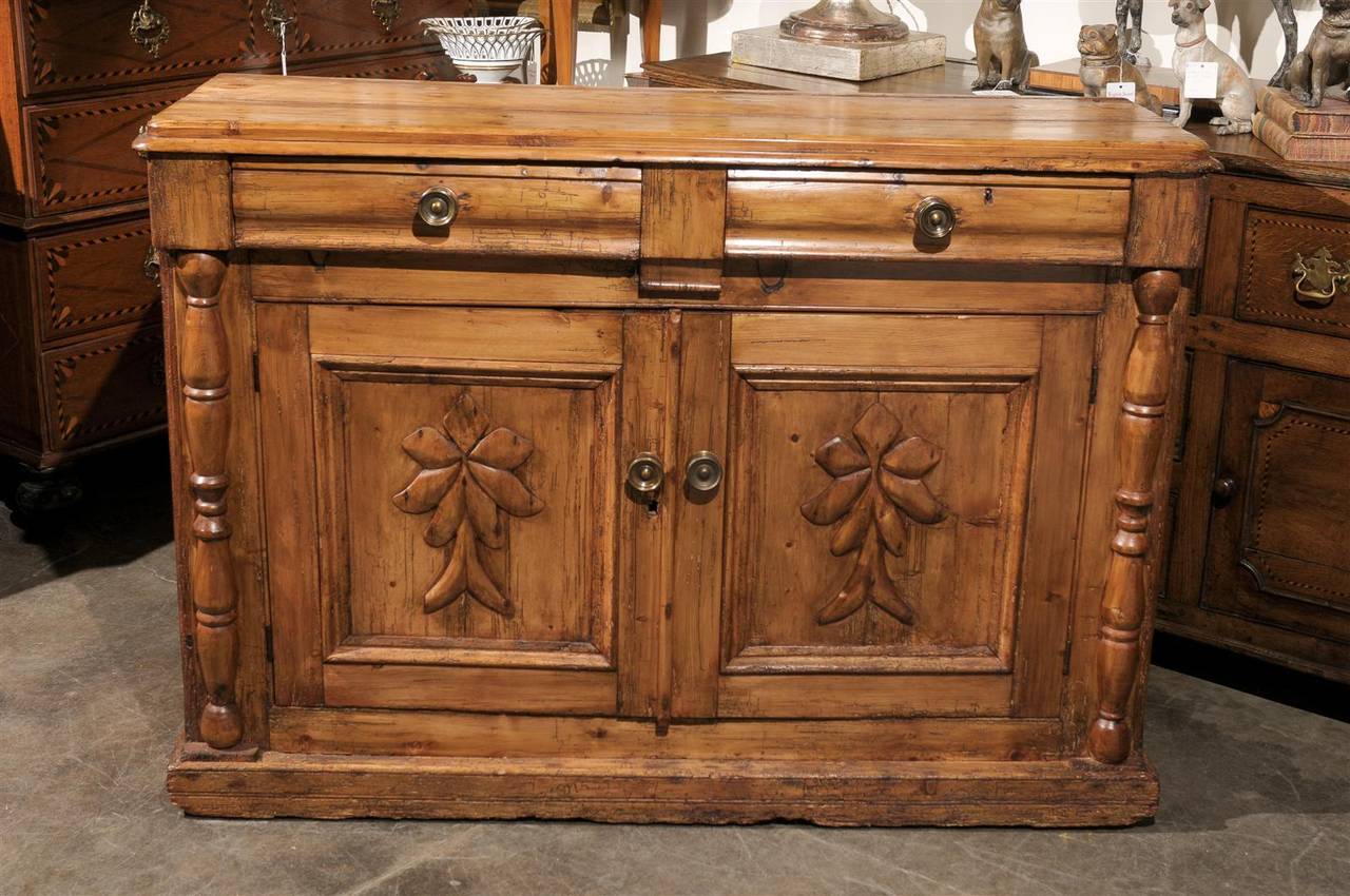Brass Pine Buffet from the Mid-19th Century with Two Drawers over Two Carved Doors
