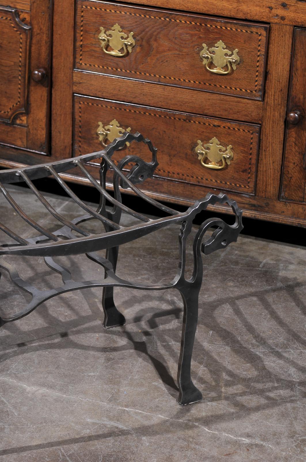 20th Century Petite Steel Bench with Seahorse Heads, Hoofed Feet and Shelf, circa 1950 For Sale