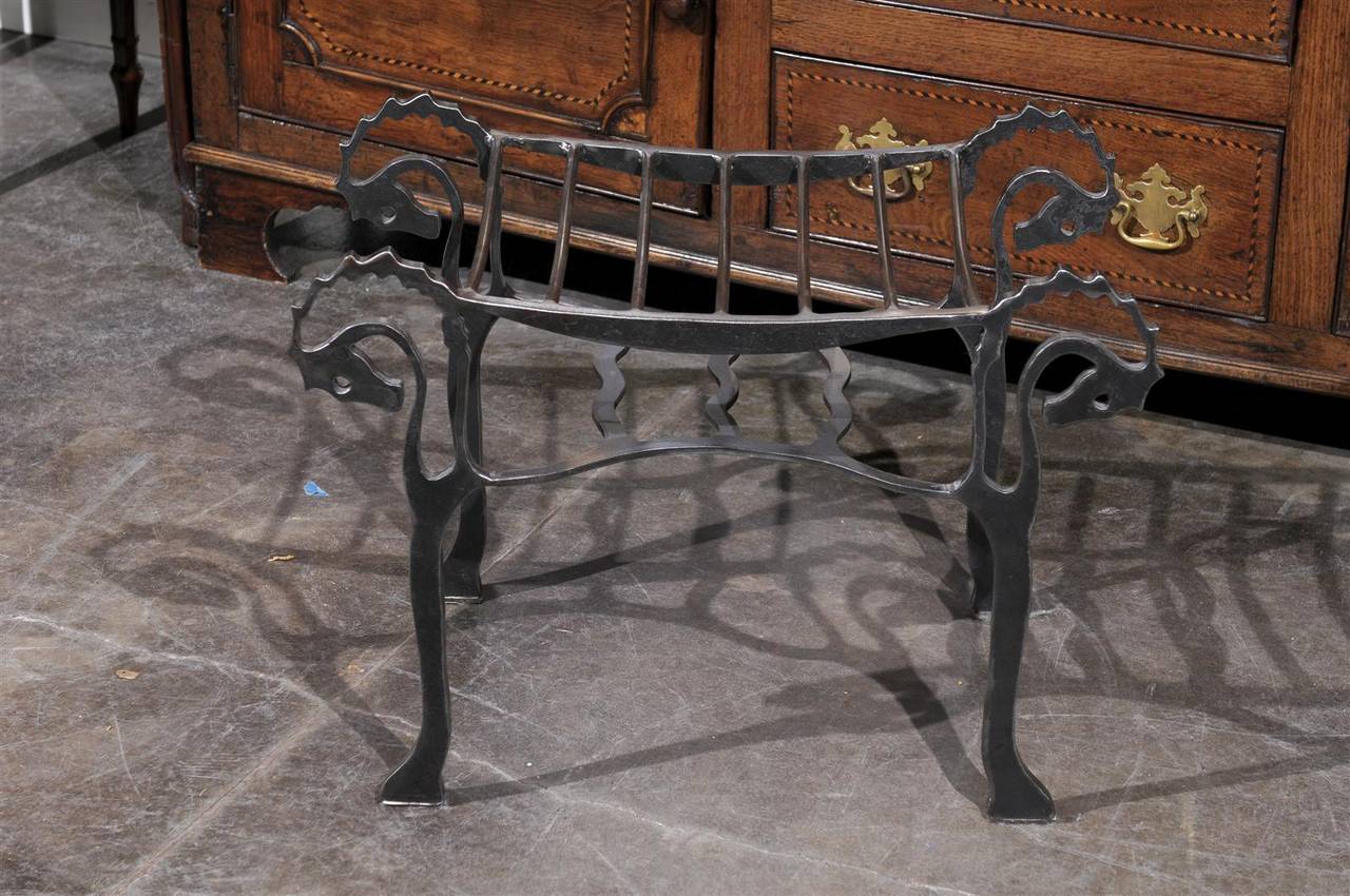 Unknown Petite Steel Bench with Seahorse Heads, Hoofed Feet and Shelf, circa 1950 For Sale