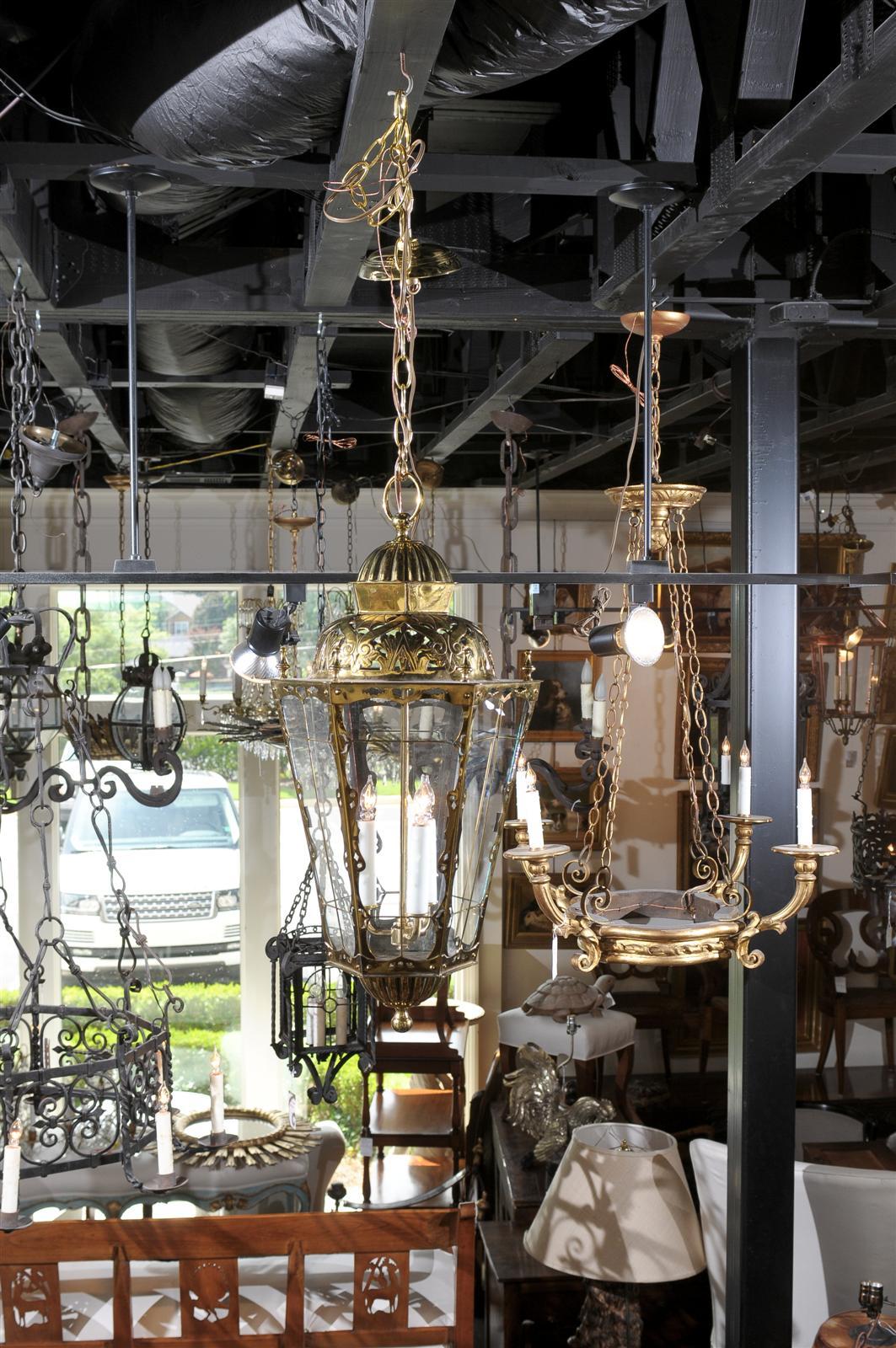 English Brass Three-Light Lantern with Glass Panels and Pierced Top, circa 1890 In Excellent Condition In Atlanta, GA